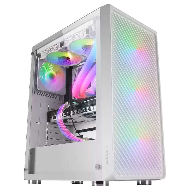 Mars Gaming MC-F White, ATX žaidimų pusiau bokštas, pilnas grūdinto stiklo langas, metalo tinklelio priekis, 4x 120 mm ARGB ventiliatoriai