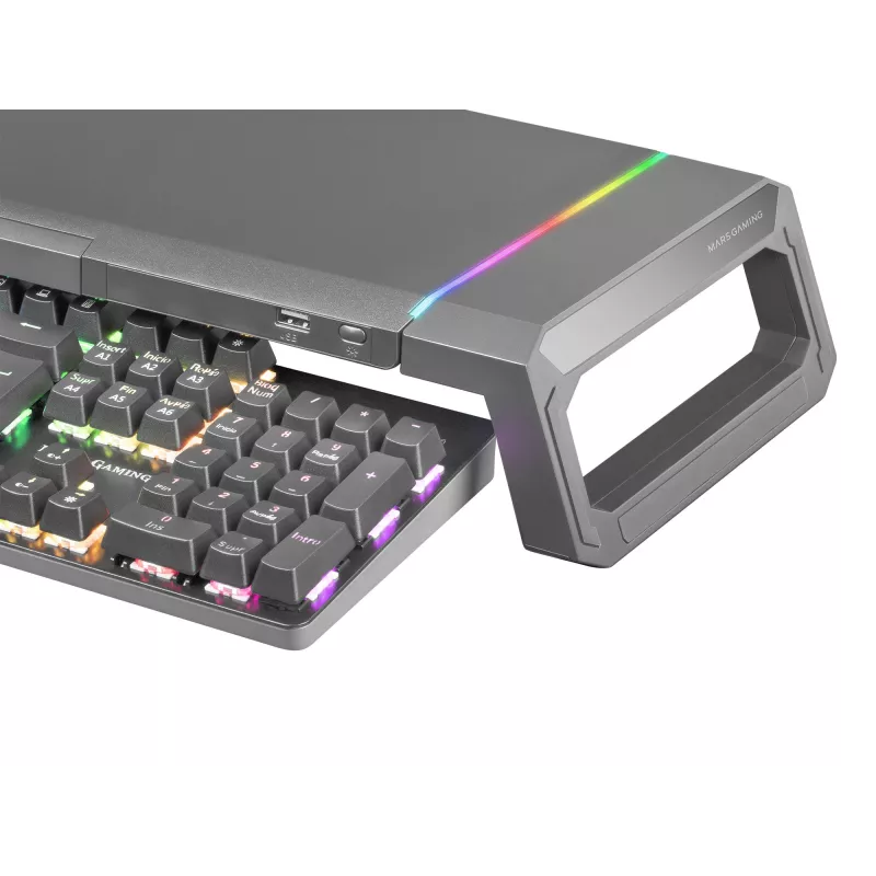 Mars Gaming MGS-ONE Juoda Chroma RGB monitoriaus stovas reguliuojamo dydžio išmaniojo telefono ir planšetės laikiklis priekinis USB 2.0