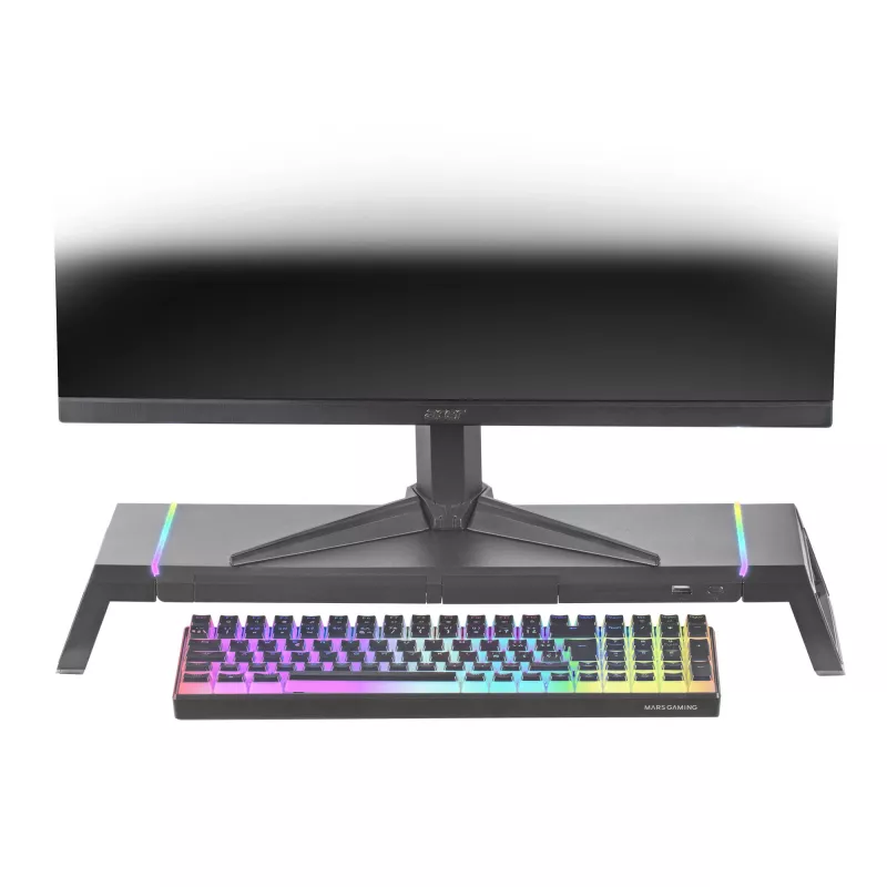 Mars Gaming MGS-ONE Juoda Chroma RGB monitoriaus stovas reguliuojamo dydžio išmaniojo telefono ir planšetės laikiklis priekinis USB 2.0
