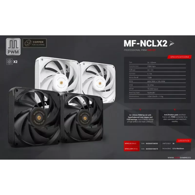 Mars Gaming MF-NCLX2W Kompiuterio korpuso ventiliatorius 12 cm Baltas 2 vnt.