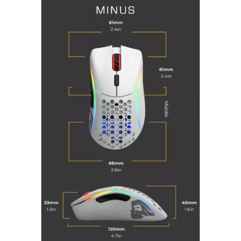 Glorious Gaming Glorious Model D Minus - Matinė balta, dešiniarankė, optinė, USB Type-A, 3200 DPI, 1 ms, Balta