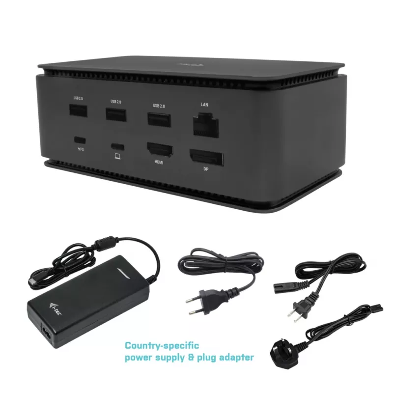 i-tec Metal USB4 dokinimo stotelė Dual 4K HDMI DP su maitinimo tiekimu 80 W + universalus įkroviklis 100 W