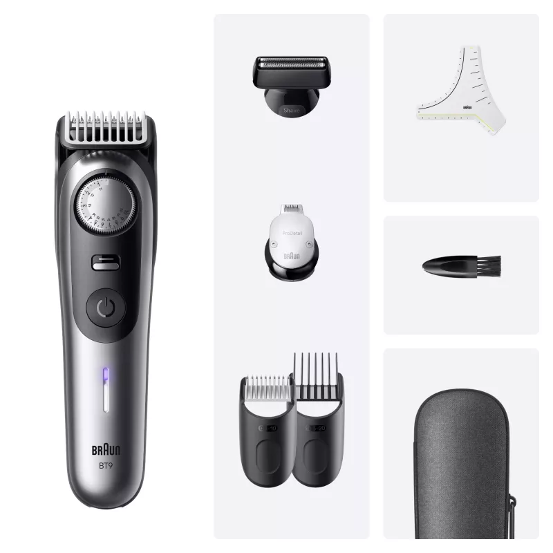 Barzdos kirpimo mašinėlė BRAUN BeardTrimmer 9 80789785, 20 ilgio pakopų, 0,5–20 mm, AC/Baterija, Wet & Dry, Pilka