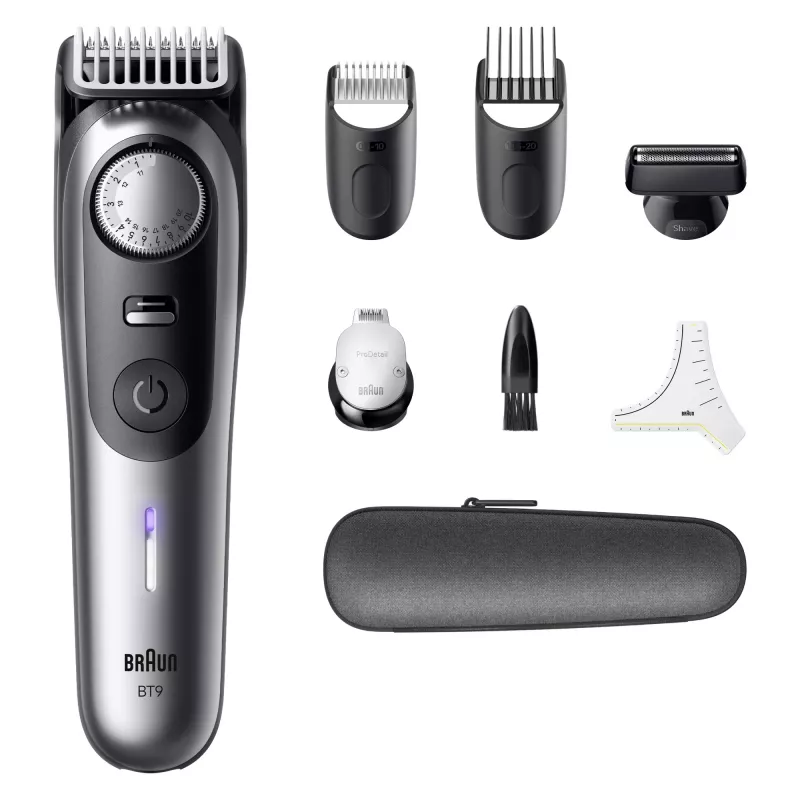 Barzdos kirpimo mašinėlė BRAUN BeardTrimmer 9 80789785, 20 ilgio pakopų, 0,5–20 mm, AC/Baterija, Wet & Dry, Pilka
