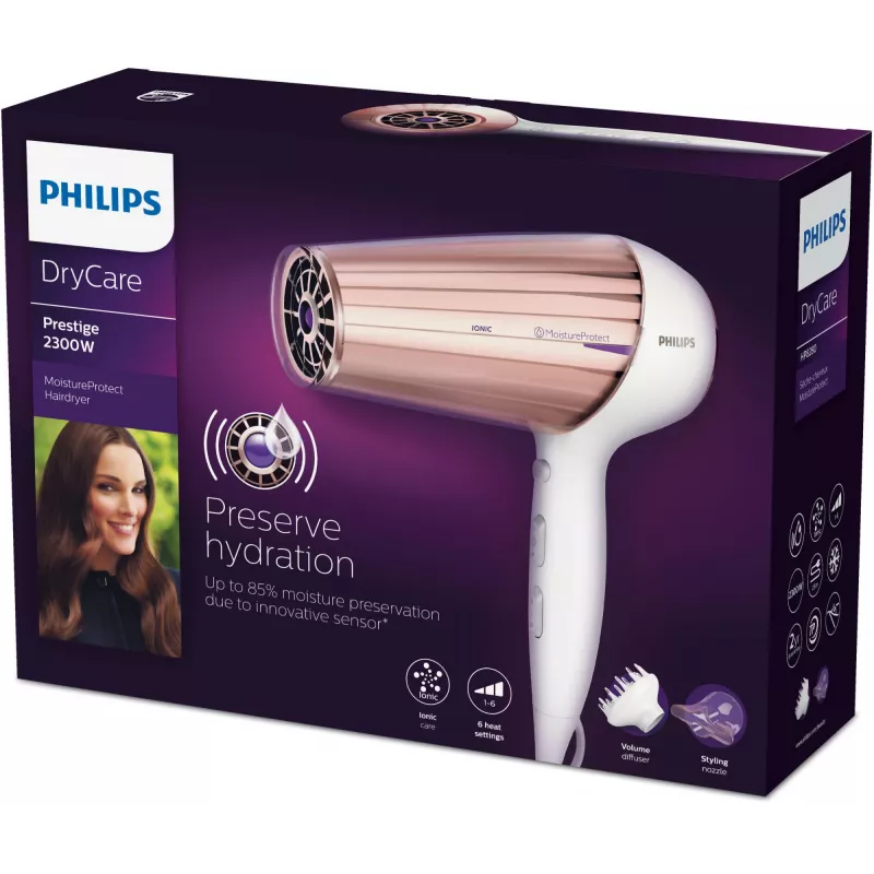Plaukų džiovintuvas Philips MoistureProtect Sensor HP8280/00 — 2300 W, DC variklis, 6 greičiai, jonizacija, šalto oro pūtimas, violetinė/baltas