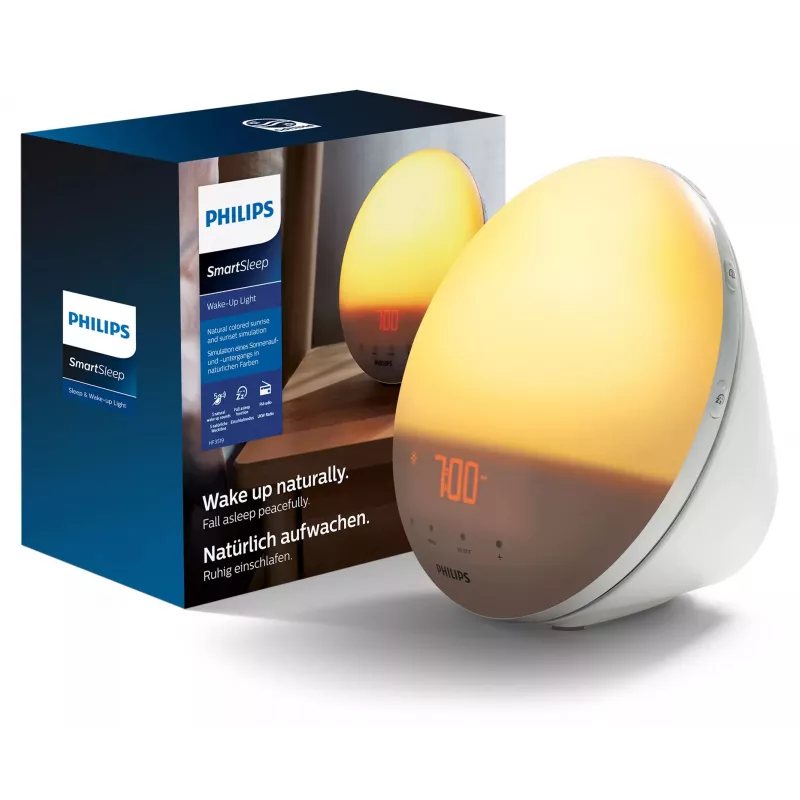 Žadinantis šviesos žadintuvas Philips SmartSleep HF3531/01 — LED saulėtekio aliarmas, 300 lx, 7 garsai, 9 min. atidėjimas