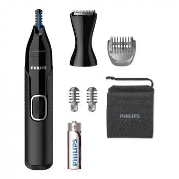 Nosinukų kirpimo mašinėlė Philips 5000 NT5650/16 — maitinamas baterijomis, AA, atsparus vandeniui, nerūdijančio plieno peiliukai, 3 šukelės, kelioninis dėklas