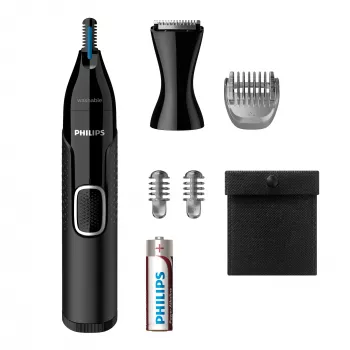 Nosinukų kirpimo mašinėlė Philips 5000 NT5650/16 — maitinamas baterijomis, AA, atsparus vandeniui, nerūdijančio plieno peiliukai, 3 šukelės, kelioninis dėklas