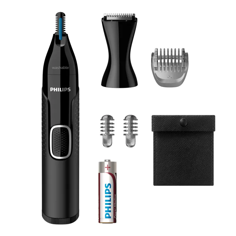Nosinukų kirpimo mašinėlė Philips 5000 NT5650/16 — maitinamas baterijomis, AA, atsparus vandeniui, nerūdijančio plieno peiliukai, 3 šukelės, kelioninis dėklas