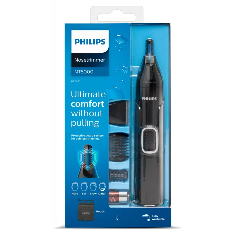 Nosinukų kirpimo mašinėlė Philips 5000 NT5650/16 — maitinamas baterijomis, AA, atsparus vandeniui, nerūdijančio plieno peiliukai, 3 šukelės, kelioninis dėklas