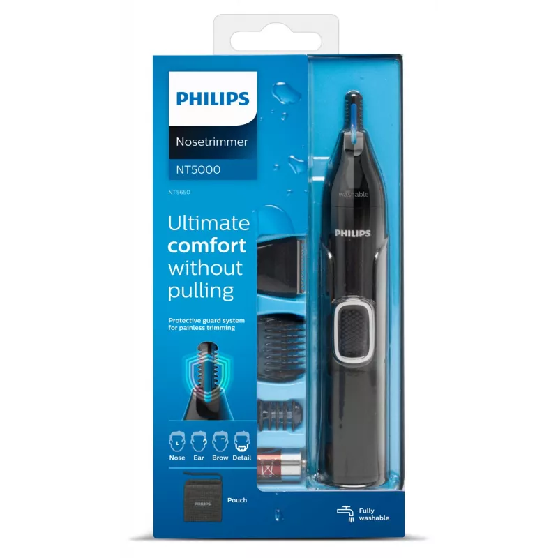 Nosinukų kirpimo mašinėlė Philips 5000 NT5650/16 — maitinamas baterijomis, AA, atsparus vandeniui, nerūdijančio plieno peiliukai, 3 šukelės, kelioninis dėklas
