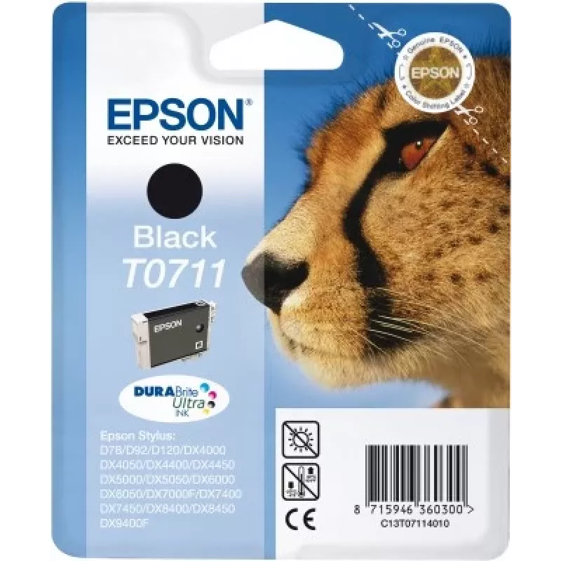 Epson Cheetah Singlepack Juoda T0711 DURABrite Ultra rašalas, juodas, pigmentinis rašalas, 1 vnt.