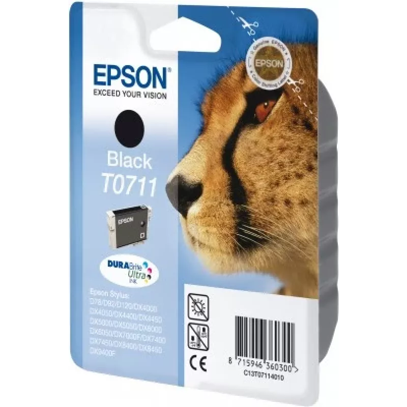 Epson Cheetah Singlepack Juoda T0711 DURABrite Ultra rašalas, juodas, pigmentinis rašalas, 1 vnt.