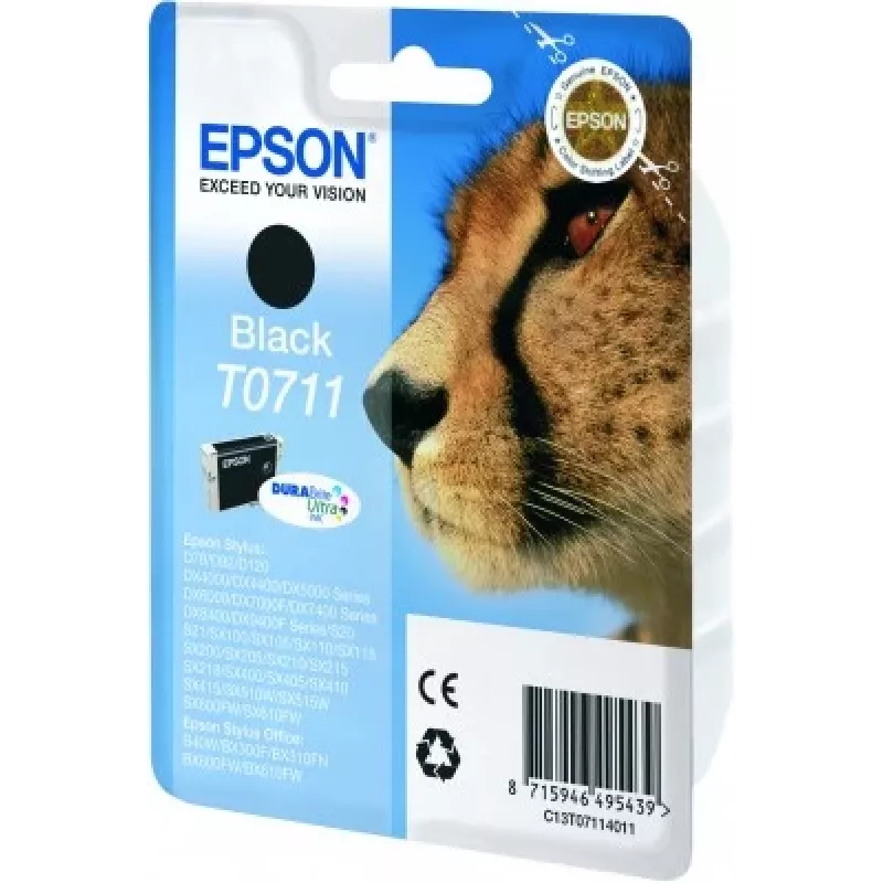 „Epson Cheetah“ vienos pakuotės juodas T0711 DURABrite Ultra rašalas, juodas, pigmentinis rašalas, 1 vnt.