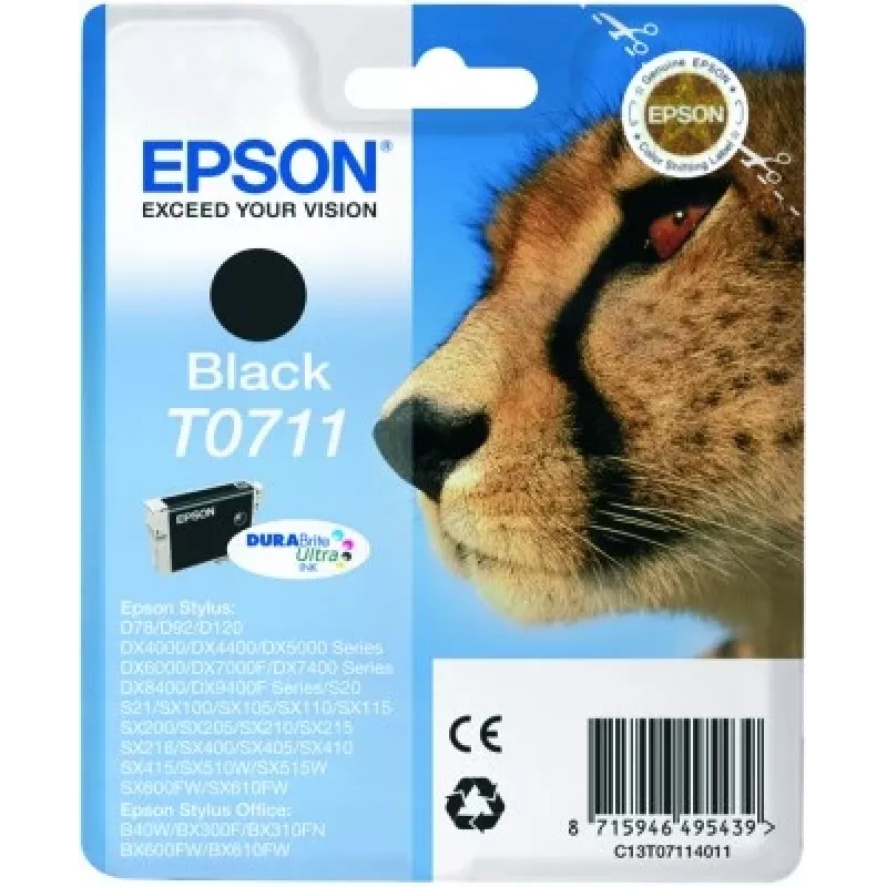 „Epson Cheetah“ vienos pakuotės juodas T0711 DURABrite Ultra rašalas, juodas, pigmentinis rašalas, 1 vnt.