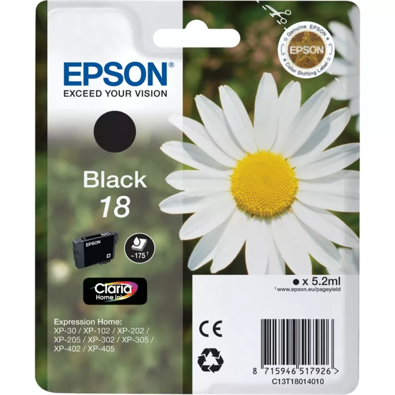 Epson Daisy Singlepack Juoda 18 Claria Home Ink, Standard Yield, Photo Juoda, Dye-based ink, 1 vnt.