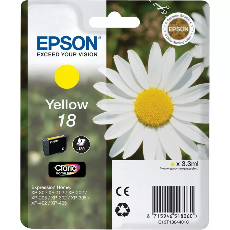 Epson Daisy Singlepack Geltona 18 Claria Home Ink, Standard Yield, Geltona, pigmentinis rašalas, 1 vnt.