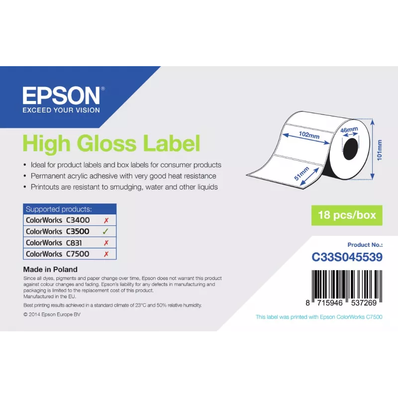 Epson High Gloss Label - išpjautas rulonas: 102 mm x 51 mm, 610 etikečių