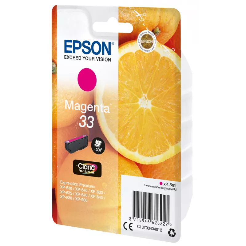 Epson Oranžinės Singlepack Magenta 33 Claria Premium Rašalas, Magenta, Pigmentinis rašalas, 4,5 ml, 1 vnt., 300 puslapių