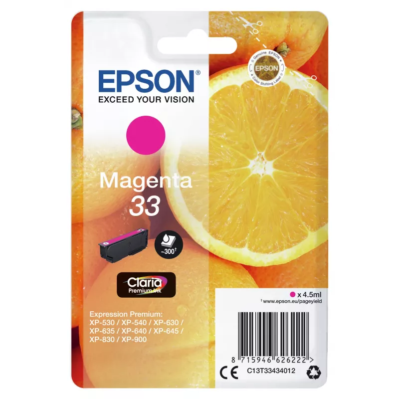 Epson Oranžinės Singlepack Magenta 33 Claria Premium Rašalas, Magenta, Pigmentinis rašalas, 4,5 ml, 1 vnt., 300 puslapių