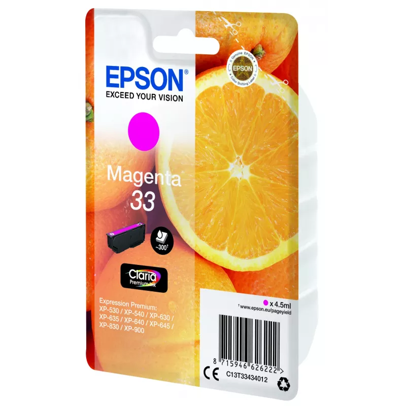 Epson Oranžinės Singlepack Magenta 33 Claria Premium Rašalas, Magenta, Pigmentinis rašalas, 4,5 ml, 1 vnt., 300 puslapių