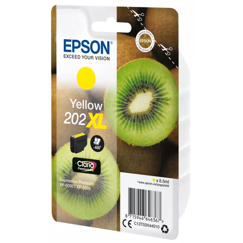 Epson Kiwi Singlepack Geltona 202XL Claria Premium rašalas, didelės talpos (XL), geltonas, pigmentinis rašalas, 8,5 ml, 1 vnt., 650 puslapių