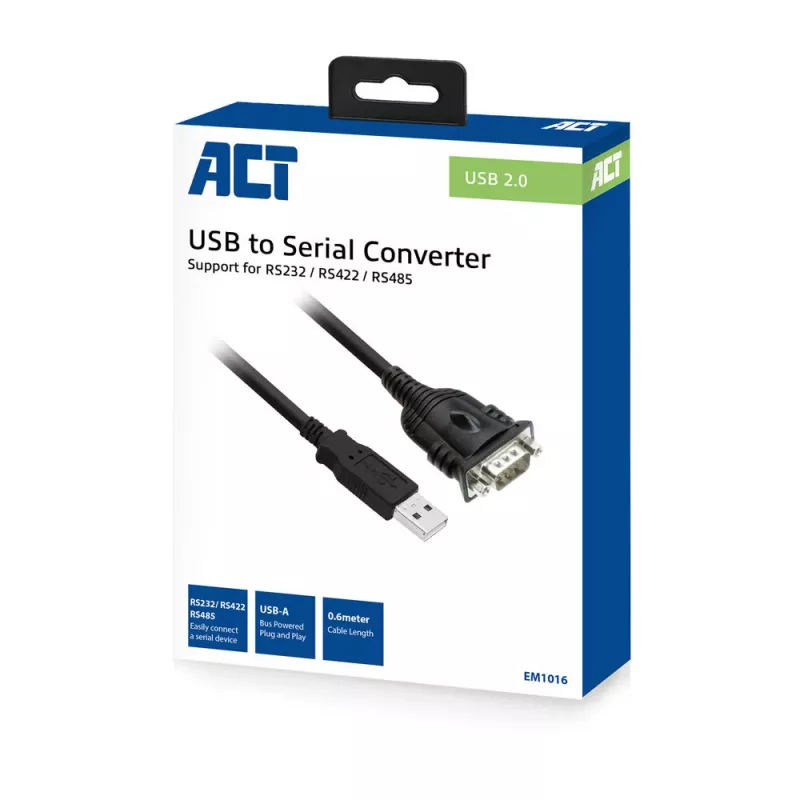 ACT 0,6 metro USB prie nuosekliosios sąsajos adapteris, juodas, 0,6 m, USB Type-A, DB-9, vyriškas, vyriškas