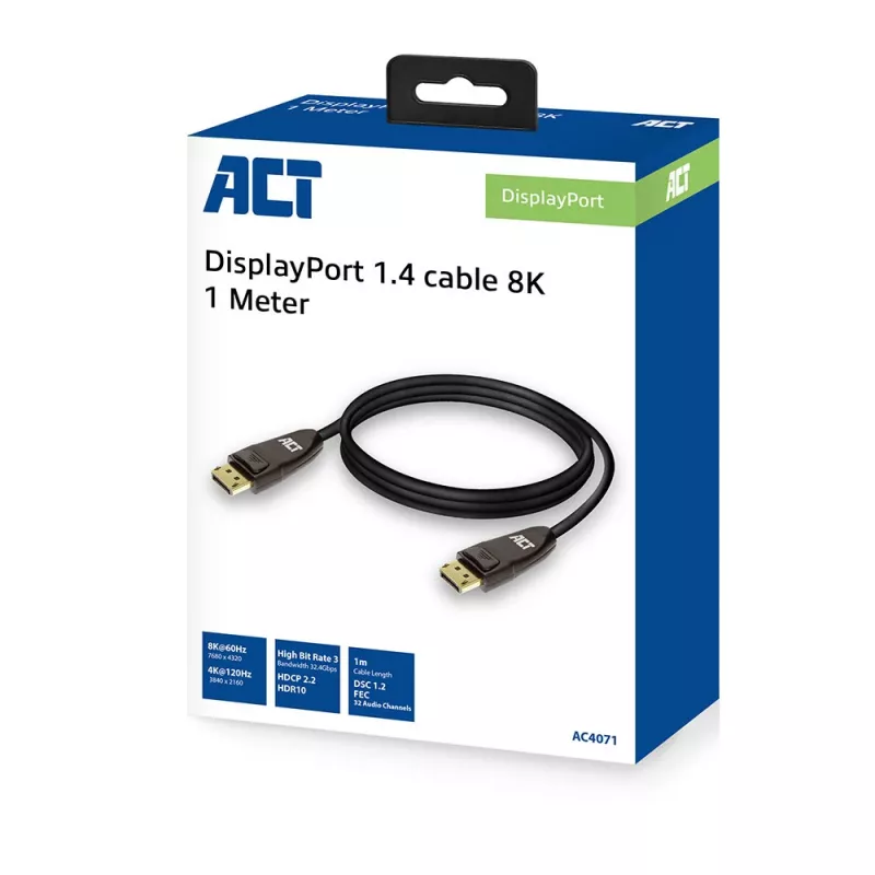 ACT DisplayPort 1.4 kabelis 8K, 1 m, 1 m, DisplayPort, DisplayPort, Kištukas, Kištukas, Juoda