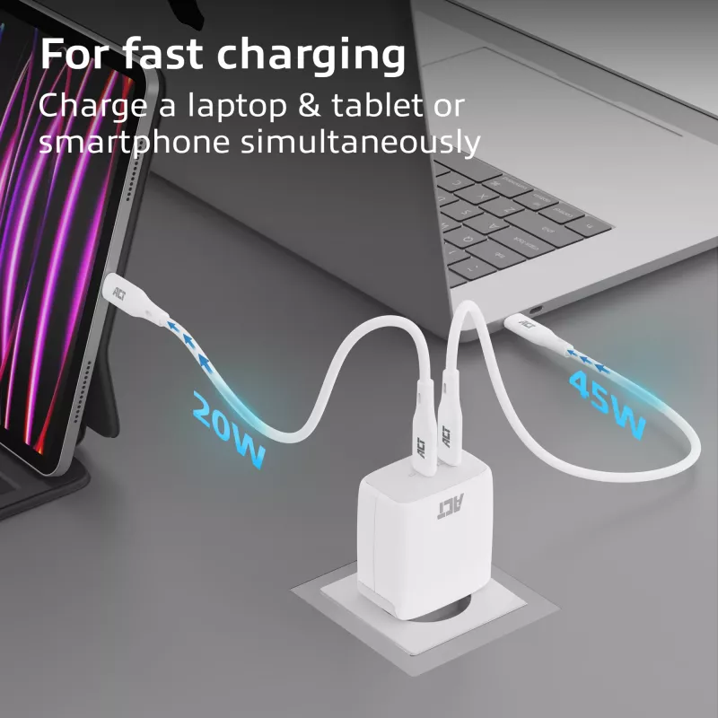 ACT USB-C įkroviklis 65W 2 prievadų su Power Delivery PPS ir GaNFast