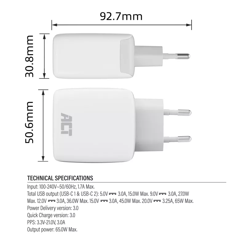 ACT USB-C įkroviklis 65W 2 prievadų su Power Delivery PPS ir GaNFast