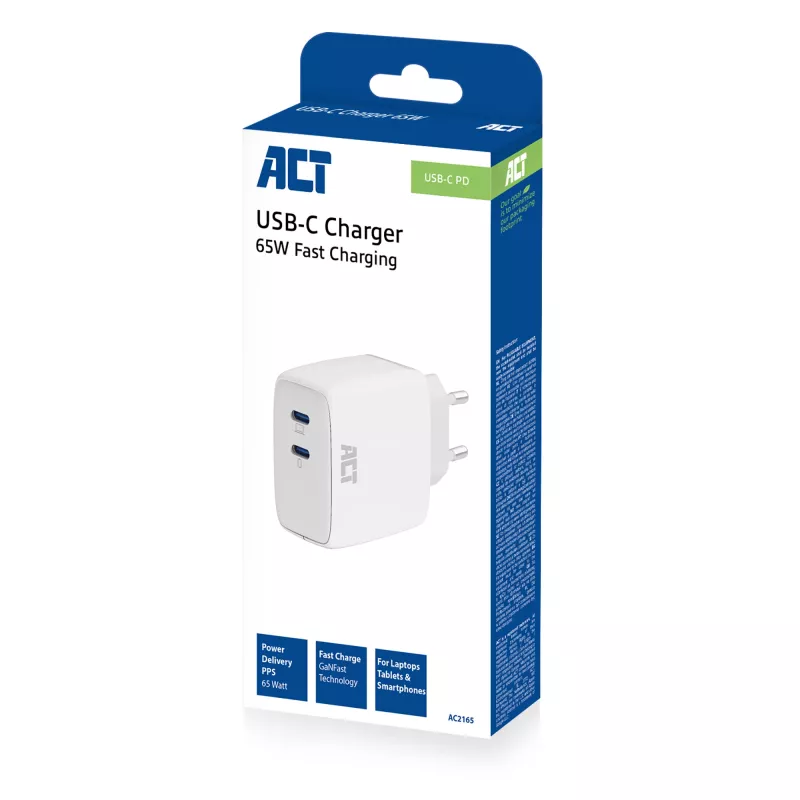 ACT USB-C įkroviklis 65W 2 prievadų su Power Delivery PPS ir GaNFast