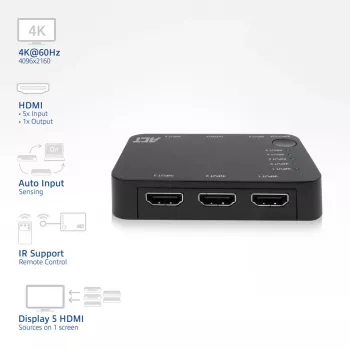 ACT 4K HDMI jungiklis 5 įėjimai, 1 išėjimas, HDMI, juodas, 2160p, 18 Gbit/s, 4096 x 2160 taškų, 4K Ultra HD