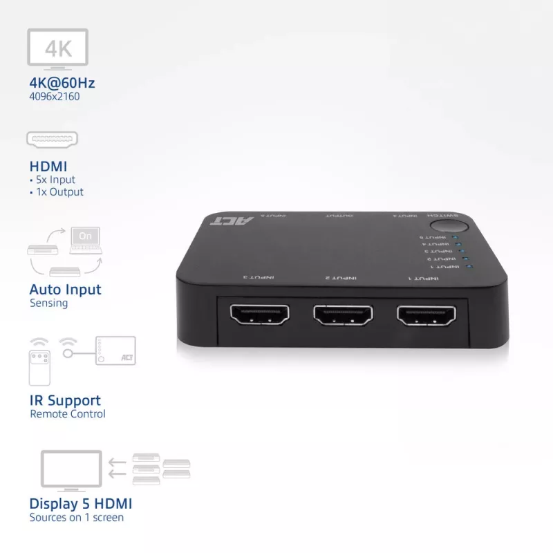 ACT 4K HDMI jungiklis 5 įėjimai, 1 išėjimas, HDMI, juodas, 2160p, 18 Gbit/s, 4096 x 2160 taškų, 4K Ultra HD