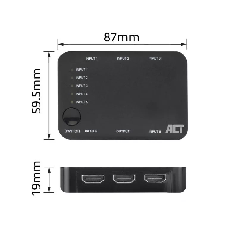 ACT 4K HDMI jungiklis 5 įėjimai, 1 išėjimas, HDMI, juodas, 2160p, 18 Gbit/s, 4096 x 2160 taškų, 4K Ultra HD