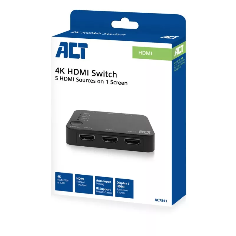 ACT 4K HDMI jungiklis 5 įėjimai, 1 išėjimas, HDMI, juodas, 2160p, 18 Gbit/s, 4096 x 2160 taškų, 4K Ultra HD