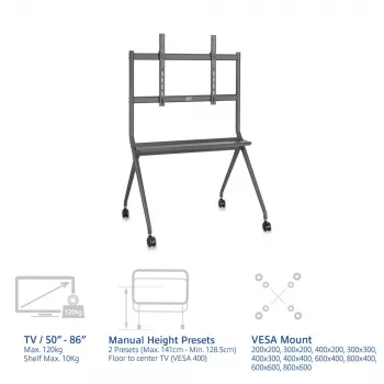 ACT Mobilus televizoriaus / monitoriaus ant grindų stovas, nuo 50 inch iki 86 inch, VESA, 127 cm (50 coliai), 2,18 m (86 coliai), 200 x 200 mm, 800 x 600 mm, Aliuminis, Plastikas, Plienas, Pilka