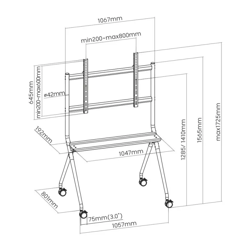 ACT Mobilus televizoriaus / monitoriaus ant grindų stovas, nuo 50 inch iki 86 inch, VESA, 127 cm (50 coliai), 2,18 m (86 coliai), 200 x 200 mm, 800 x 600 mm, Aliuminis, Plastikas, Plienas, Pilka
