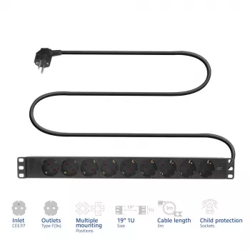 ACT ilginimo laidas PDU 19 inch CEE7/7 su 9 F tipo lizdais, 3 m H05VV-F 3G1.5