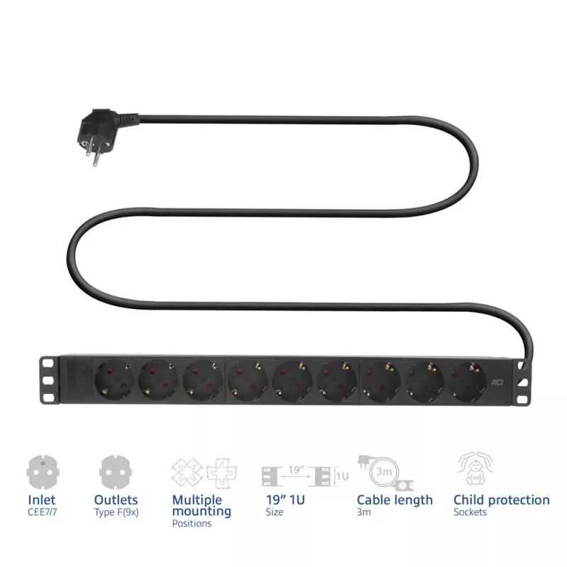 ACT ilginimo laidas PDU 19 inch CEE7/7 su 9 F tipo lizdais, 3 m H05VV-F 3G1.5