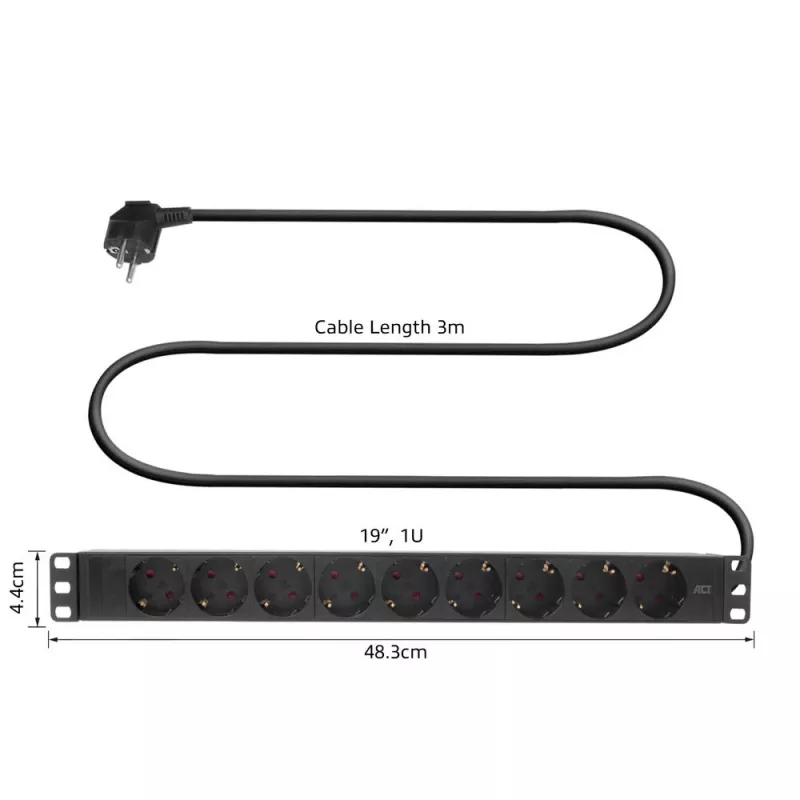 ACT ilginimo laidas PDU 19 inch CEE7/7 su 9 F tipo lizdais, 3 m H05VV-F 3G1.5