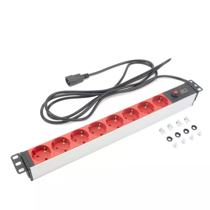Maitinimo skirstytuvas ACT PD3004 19 colių C14 IEC60320 su 8 F tipo lizdais, 3 m H05VV-F 3G1.0, 230 V 10 A