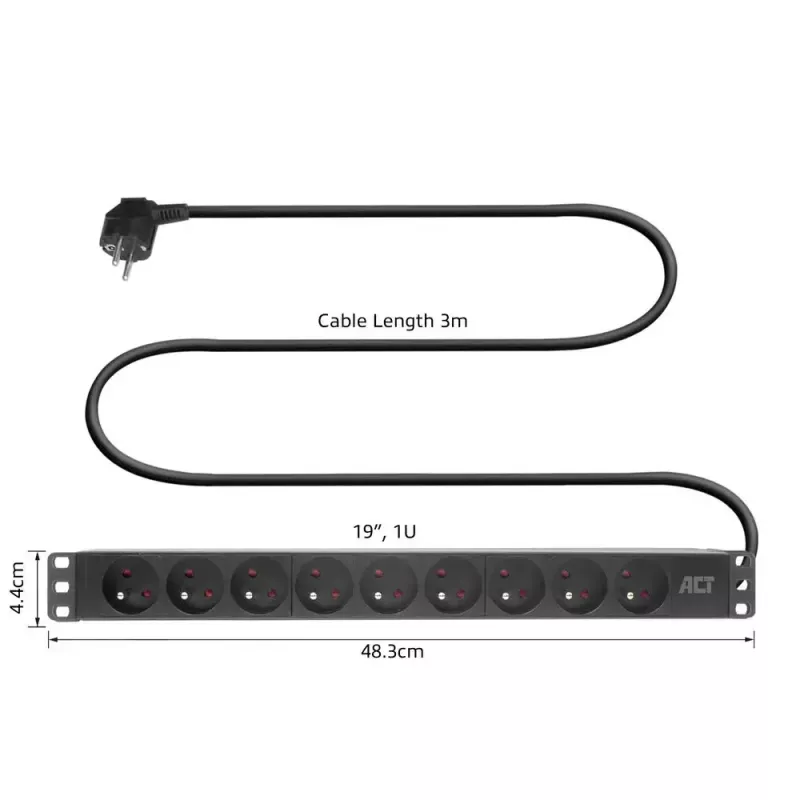 ACT prailginimo laidas PDU 19 colių CEE7/7 su 9 E tipo lizdais, 3 m H05VV-F 3G1.5