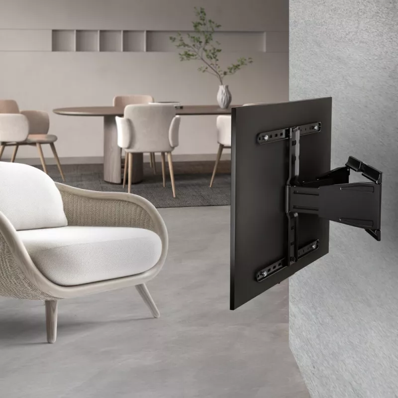 Pilno judėjimo TV sieninis laikiklis ACT AC8357, skirtas 43 colių–90 colių ekranams, VESA 100x200–600x400, pakreipimas -15°–3°, pasukimas ±30°, maks. apkrova 50 kg, itin plonas