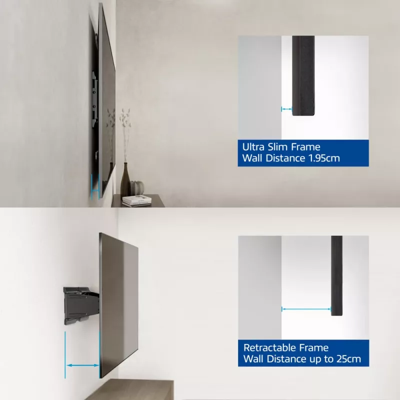 Pilno judėjimo TV sieninis laikiklis ACT AC8357, skirtas 43 colių–90 colių ekranams, VESA 100x200–600x400, pakreipimas -15°–3°, pasukimas ±30°, maks. apkrova 50 kg, itin plonas