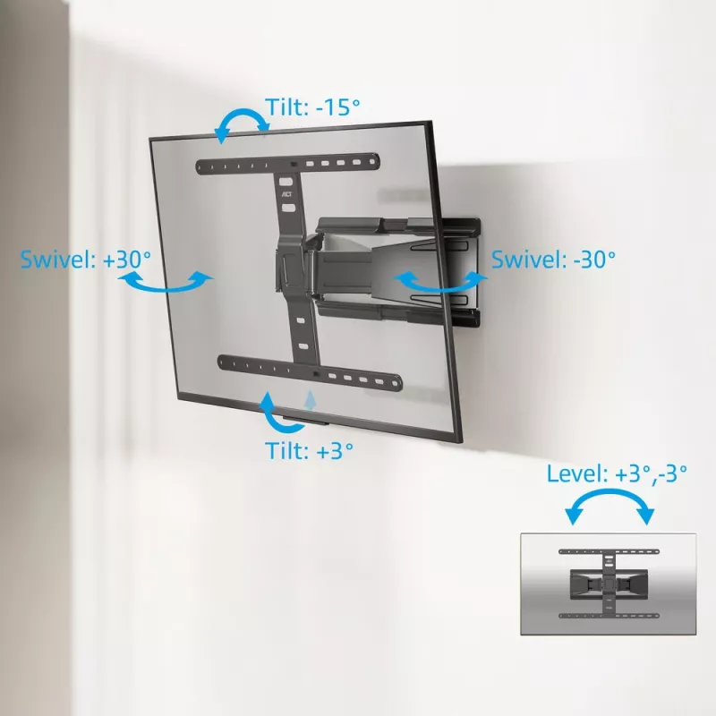 Pilno judėjimo TV sieninis laikiklis ACT AC8357, skirtas 43 colių–90 colių ekranams, VESA 100x200–600x400, pakreipimas -15°–3°, pasukimas ±30°, maks. apkrova 50 kg, itin plonas