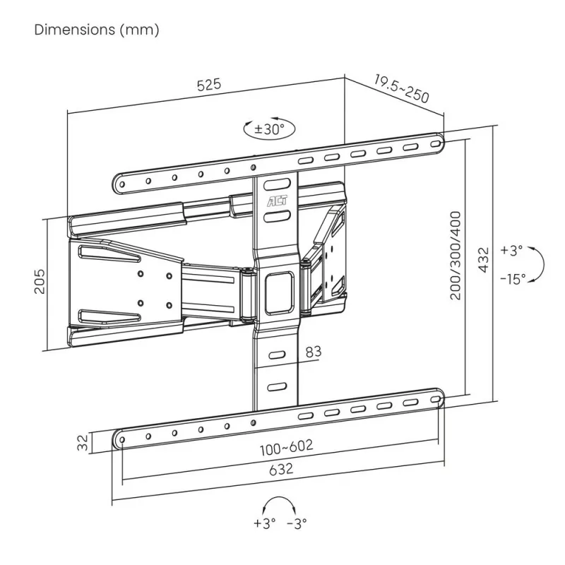Pilno judėjimo TV sieninis laikiklis ACT AC8357, skirtas 43 colių–90 colių ekranams, VESA 100x200–600x400, pakreipimas -15°–3°, pasukimas ±30°, maks. apkrova 50 kg, itin plonas
