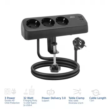 ACT stalinis maitinimo lizdas su 3 F tipo lizdais, 30 W „Power Delivery“, USB Type-C/A prievadais, laido ilgis 1,5 metro