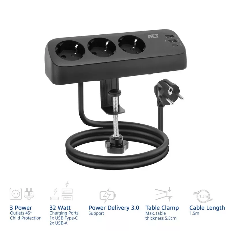 ACT stalinis maitinimo lizdas su 3 F tipo lizdais, 30 W „Power Delivery“, USB Type-C/A prievadais, laido ilgis 1,5 metro