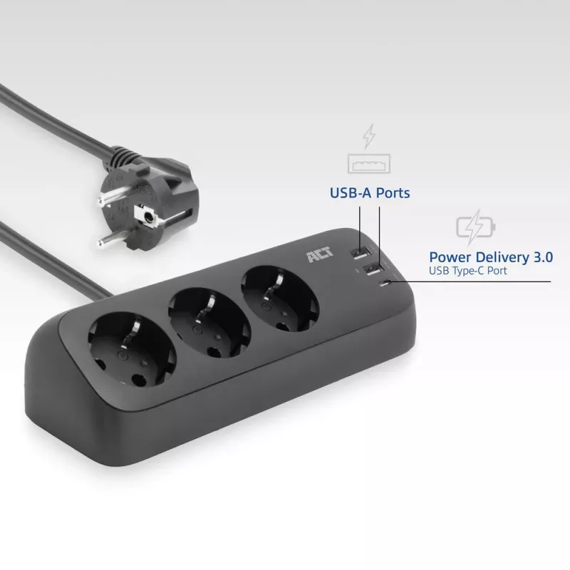 ACT stalinis maitinimo lizdas su 3 F tipo lizdais, 30 W „Power Delivery“, USB Type-C/A prievadais, laido ilgis 1,5 metro