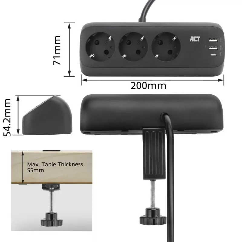 ACT stalinis maitinimo lizdas su 3 F tipo lizdais, 30 W „Power Delivery“, USB Type-C/A prievadais, laido ilgis 1,5 metro